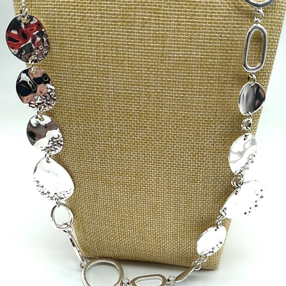 CHICO'S Long Metal Silver-tone Oval Disc & Hoop Rhinestone Link Necklace
